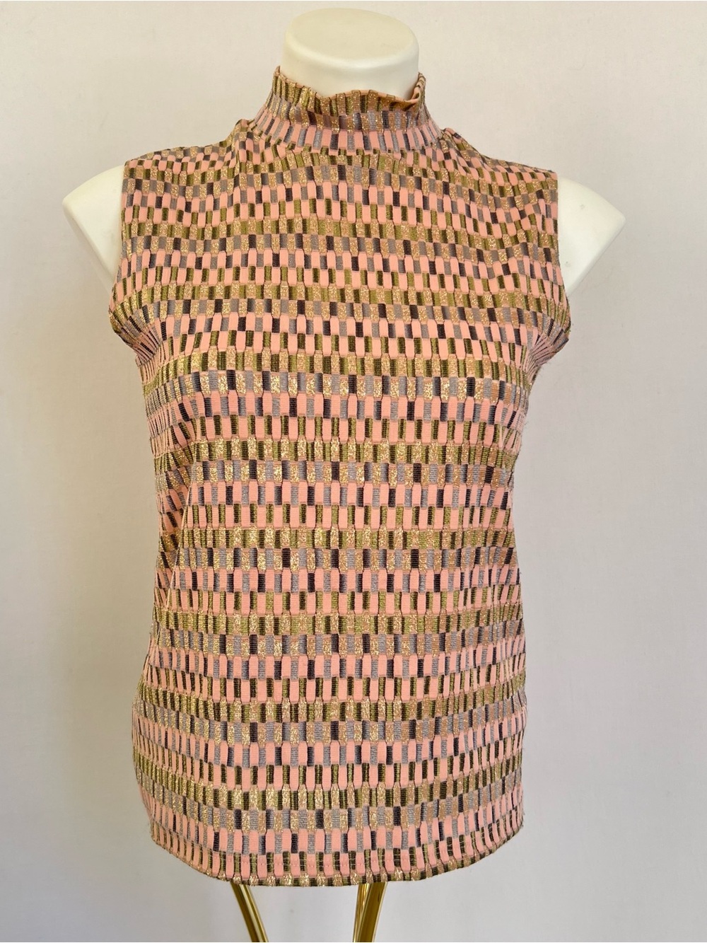Vintage Y2K Pink Gold Print Slinky Stretch Top Mock Neck Sz Med Going Out Party